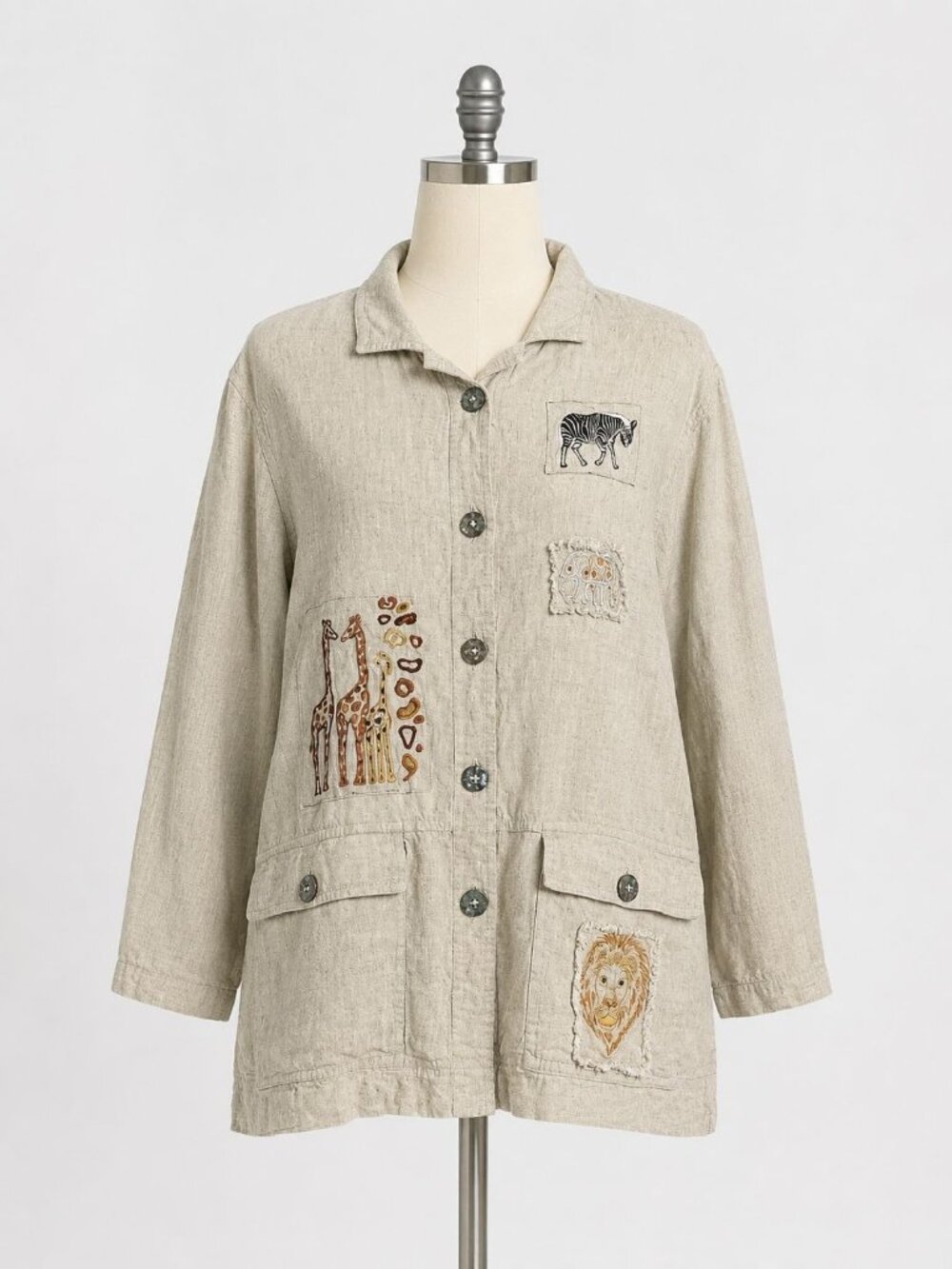 Vintage Mureli Linen Blend Safari Animal Embroidered Jacket Large